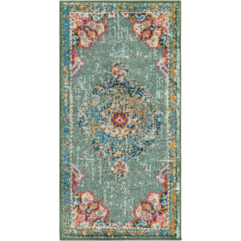 Tapis oriental vert / bleu / rouge en polypropylène tissé à la machine Pennylane, Tapis de couloir 2 pi x 4 pi 1 po