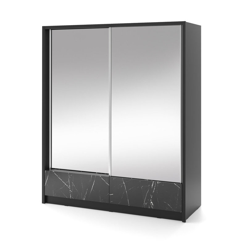 Bexlee 2 Door Wardrobe, 214cm H x 184cm W x 62cm D, Black Marble