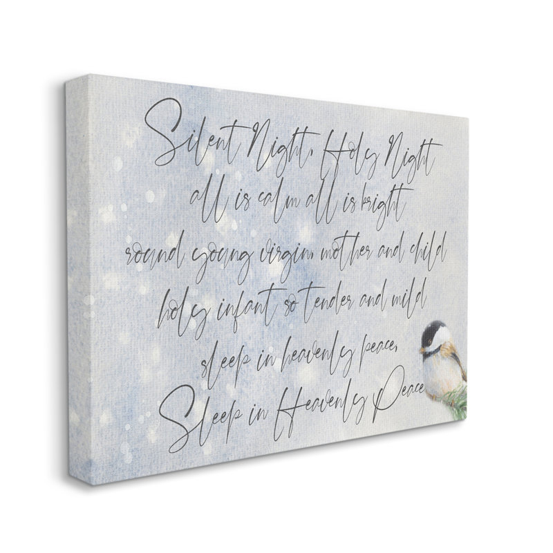 «Christmas Silent Night Script Winter Bird Illustration» par Lanie Loreth, reproduction d'art textuel, Toile tendue