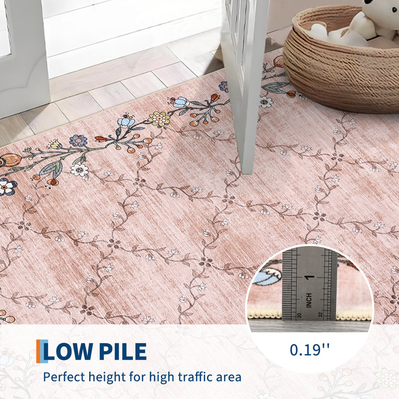 Washable Area Rug Farmhouse Floral Rug Non Slip, Soft Thin Low Pile Floor Carpet, Non Shedding & Stain Resistant, Indoor Foldable Accent Printed Mat for Living Room/Bedroom/Nursery