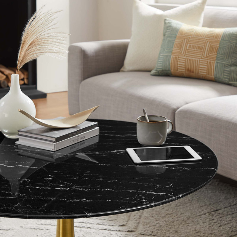 Table basse ronde en marbre artificiel Lippa, Noir, Doré, Noir