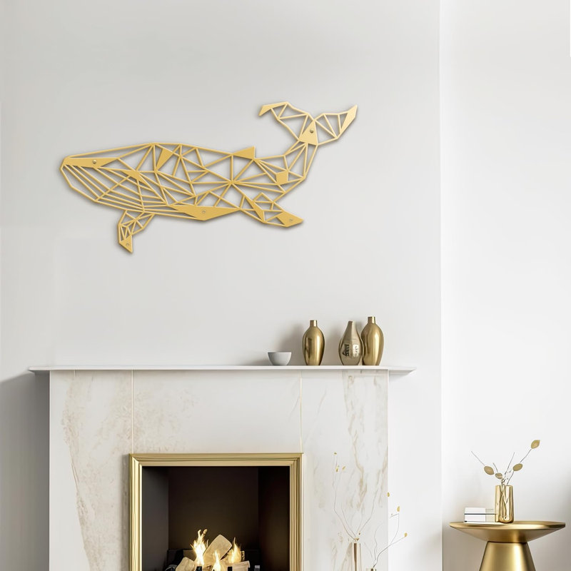 Whale Nautical Theme Modern Abstract Wall Accent Sculpture Hanging Decoration Metal Wall Decor, 15" H x 30" W x 0.05" D, Gold