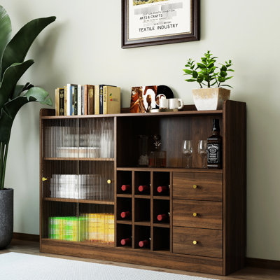 Sideboard With 2 Sliding Striped Glass Doors, Freestanding Countertop Storage Cabinet For Bottles, Wine And So On