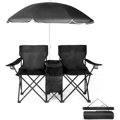 Folding Double Camping Chair W/Umbrella Beverage Holder Carrying Bag Cooler Fold Up Table, Large Bearing Capacity For Beach Patio Pool Park Outdoor Red