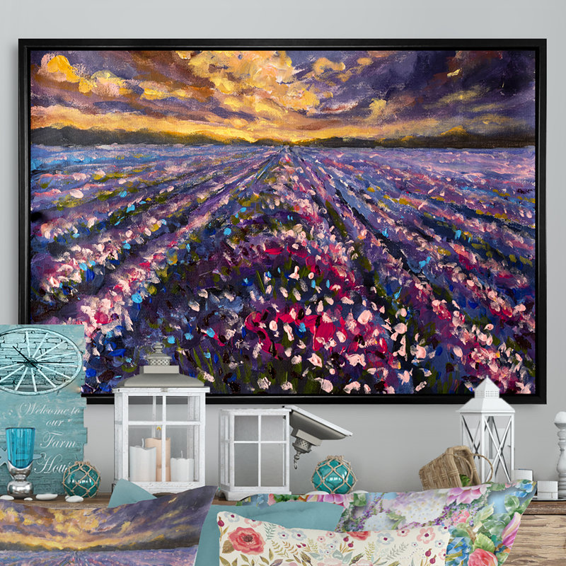 Lavande, champ mauve, coucher de soleil III, reproduction sur toile flottante, H 8 po x l 12 po x P 1 po, Cadre flottant noir