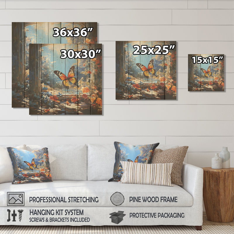 Cottage bleu orange papillon II - Animal papillon sur bois naturel, H 15 po x l 15 po