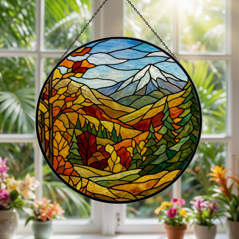 Panneau de vitrail 12 "H Mountain Landscape, H 12 po x l 12 po