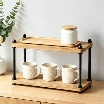 Porte-gobelet en bois pour station de café pour comptoir, porte-gobelet à 2 niveaux et tablette pour accessoires de bar à café, support de support rustique pour matcha et présentoir pour tasses à thé pour la cuisine et le bureau