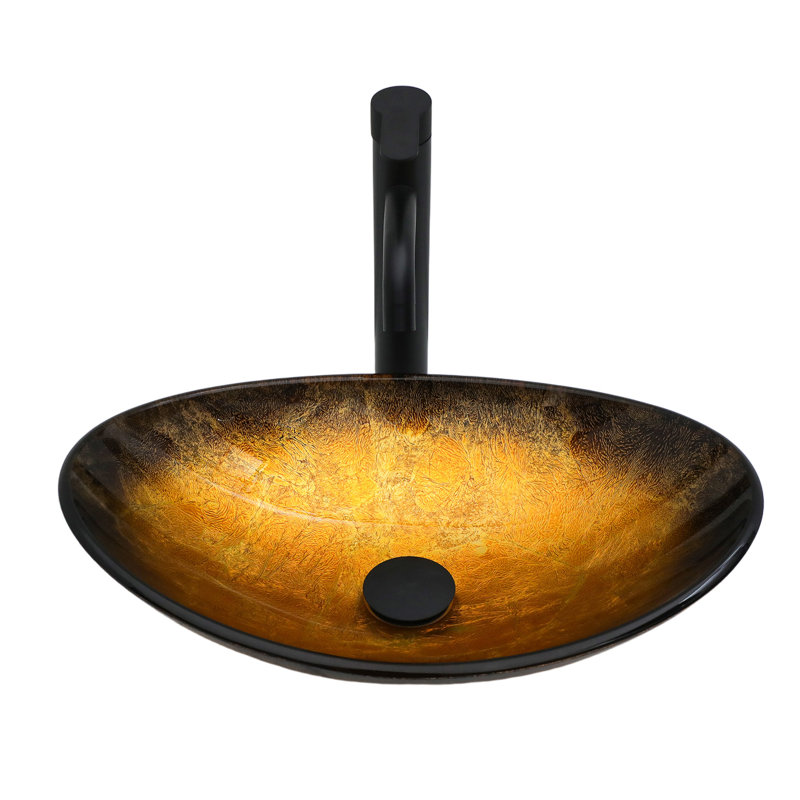 Gold-Veined Tempered Glass Vessel Sink With Black Pop-Up Drain, Boat Shape, Above Counter | Gift Idea