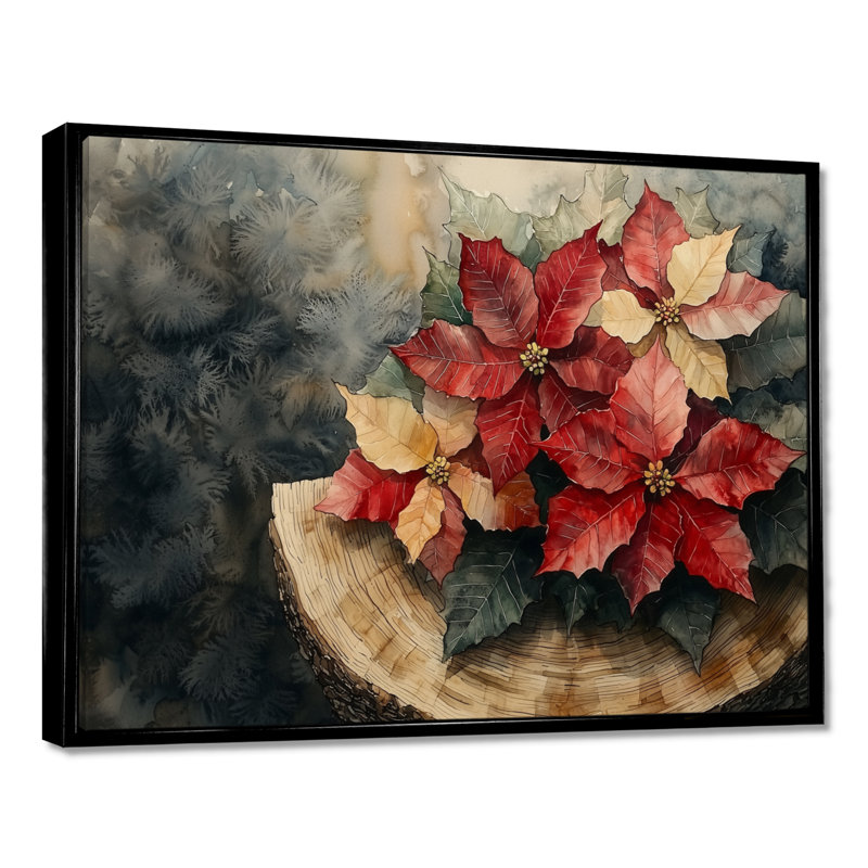 Gorjana, fleurs de poinsettias rouges sur une glissoire en bois II - décoration murale poinsettias, H 12 po x l 20 po