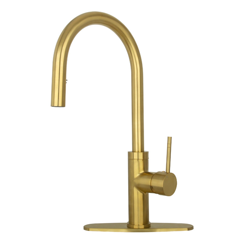Pull Down Kitchen Faucet with Single Handle and Deck Plate, Brushed Gold
