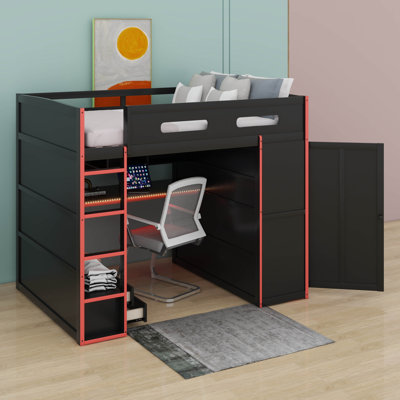 Lit mezzanine double en bois avec bureau, garde-robe, lumière DEL RVB et grand espace de rangement