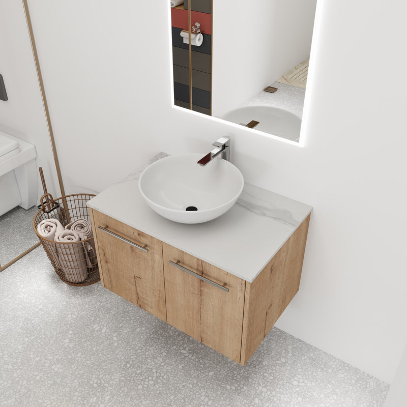 Rarnby 30" Single Bathroom Vanity Set, Wall Mounted Bathroom Vanity with White Ceramic Vessel Sink , Floating vanity with 2 Soft Close Door, Single Bathroom Vanity with Top