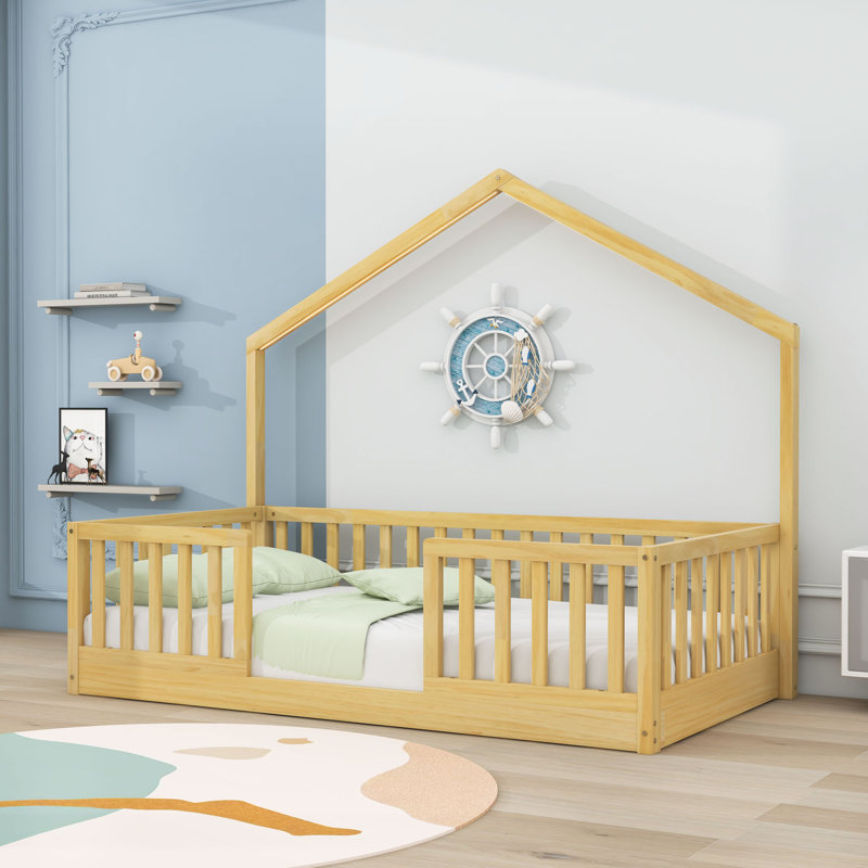 Wood Montessori Bed with Rails and Built-in LED Light, Natural, Twin