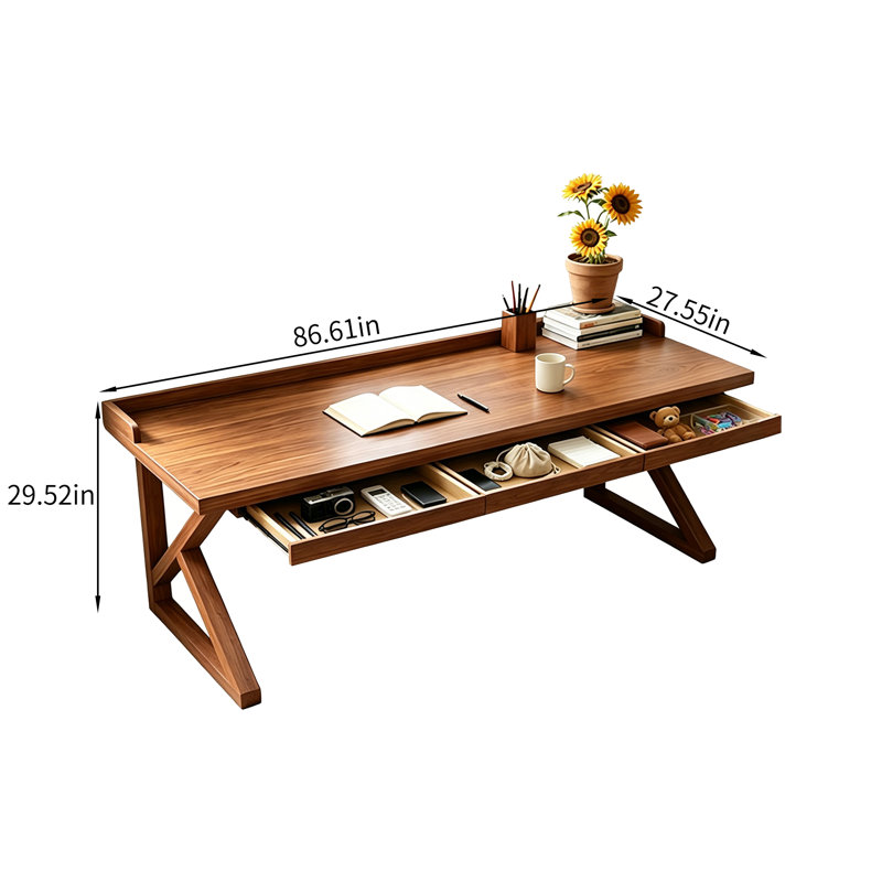 Bureau d'écriture rectangulaire en bois massif rétro brun, 29.52" H x 86.61" W x 27.55" D