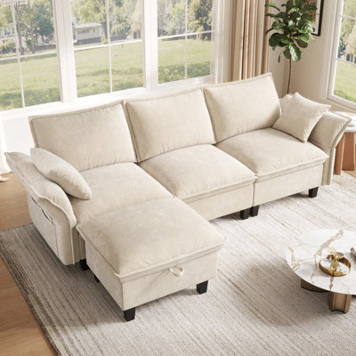 112'' Down Modular Sofa With Ottoman, Couch With Removable Washable Cushion Covers, Tool-Free Easy Assembly, Petal Arms 23.6 Inch Deep Seat Cloud Couches For Living Room, Chenille Fabric