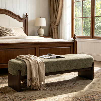 Banc moderne capitonné en bouclette de 163 cm de large avec structure en bois massif