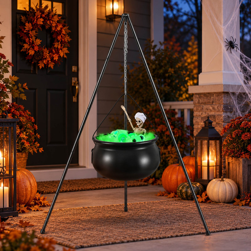 Chaudron de sorcière lumineux d'Halloween de 132 cm avec squelette, yeux et trépied