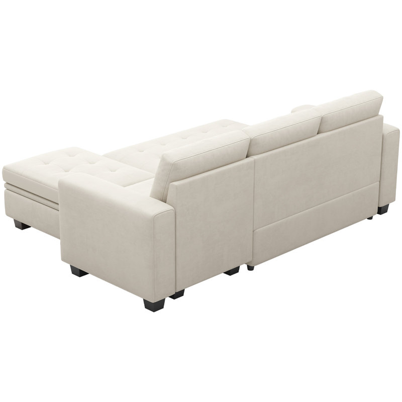 Shavera Velvet Modular Sectional L-Shaped Sleeper Sofa Bed With Storage Ottoman For Living Room Apartment, Beige Velvet