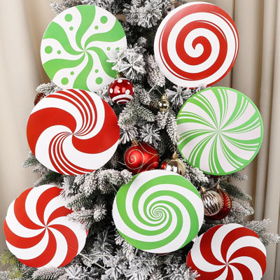 Large Red And Green Candy Christmas Decorations Tree Picks, 12pcs Cute Candy Cane Peppermint Lollipop Christmas Ornaments For Indoor Xmas Tree Winter New Year Party Vase Porch Decor (7.9 Inch)