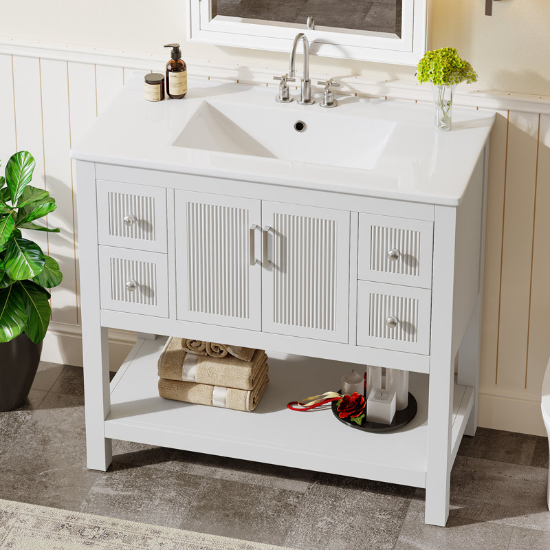 36 Inch Single Bathroom Vanity With Ceramic Top, Sink Included, White/Stainless Steel , 36", 6