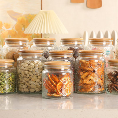 Set of 3 1000ml Glass Tea Coffee Sugar Canisters, Airtight Jars with Bamboo Lids for Kitchen Storage