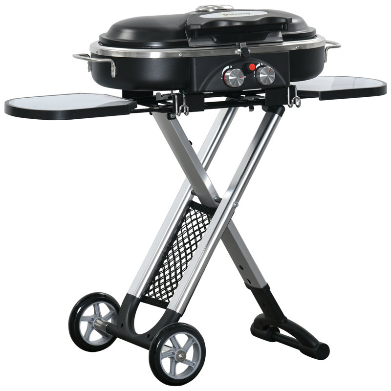 Ahmo Foldable Gas BBQ Grill 2 Burner Garden Barbecue Trolley w/ Lid