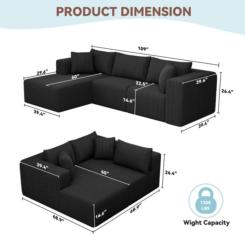 109" Modular Cloud Sectional Sofa, 7-In-1 Boneless Couch With Chaise, Zero Assembly Deep Seated Plush Corduroy Sofa For Living Room