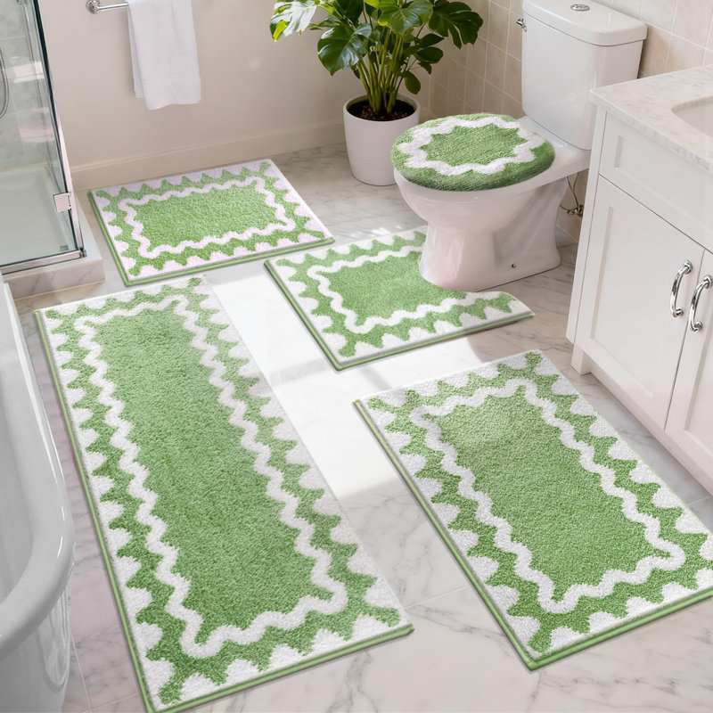 Scalloped Bathroom Rugs Sets 5 Piece, Absorbent Soft Non-Slip Washable Microfiber Shaggy Bath Mat Set with Bathroom Runner Rug, U-Shaped Toilet Rugs, Shower Rug&Toilet Lid Cover