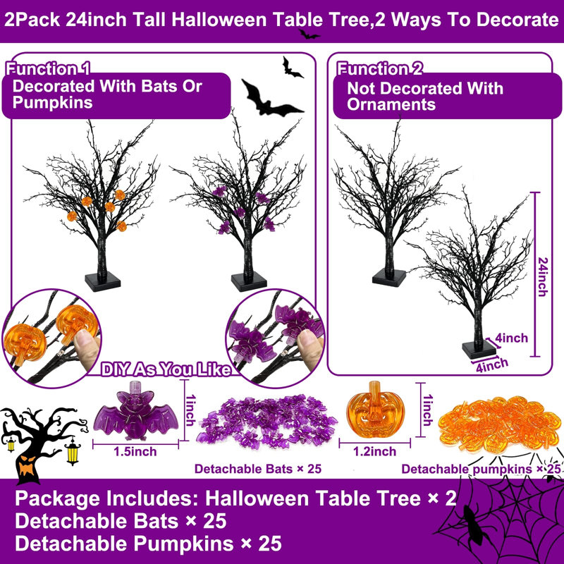 Ensemble de 2 arbres d'Halloween illuminés orange et mauve 24 po