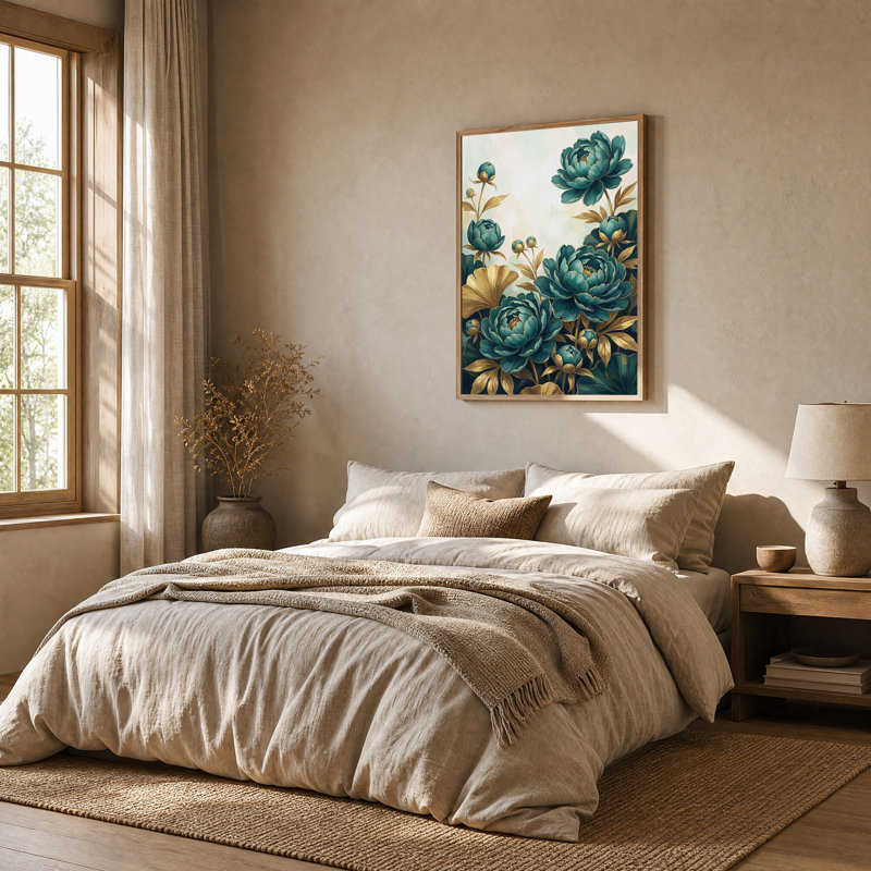 Art mural sur toile fleurs de pivoine sarcelle avec feuilles dorées, H 24 po x l 18 po