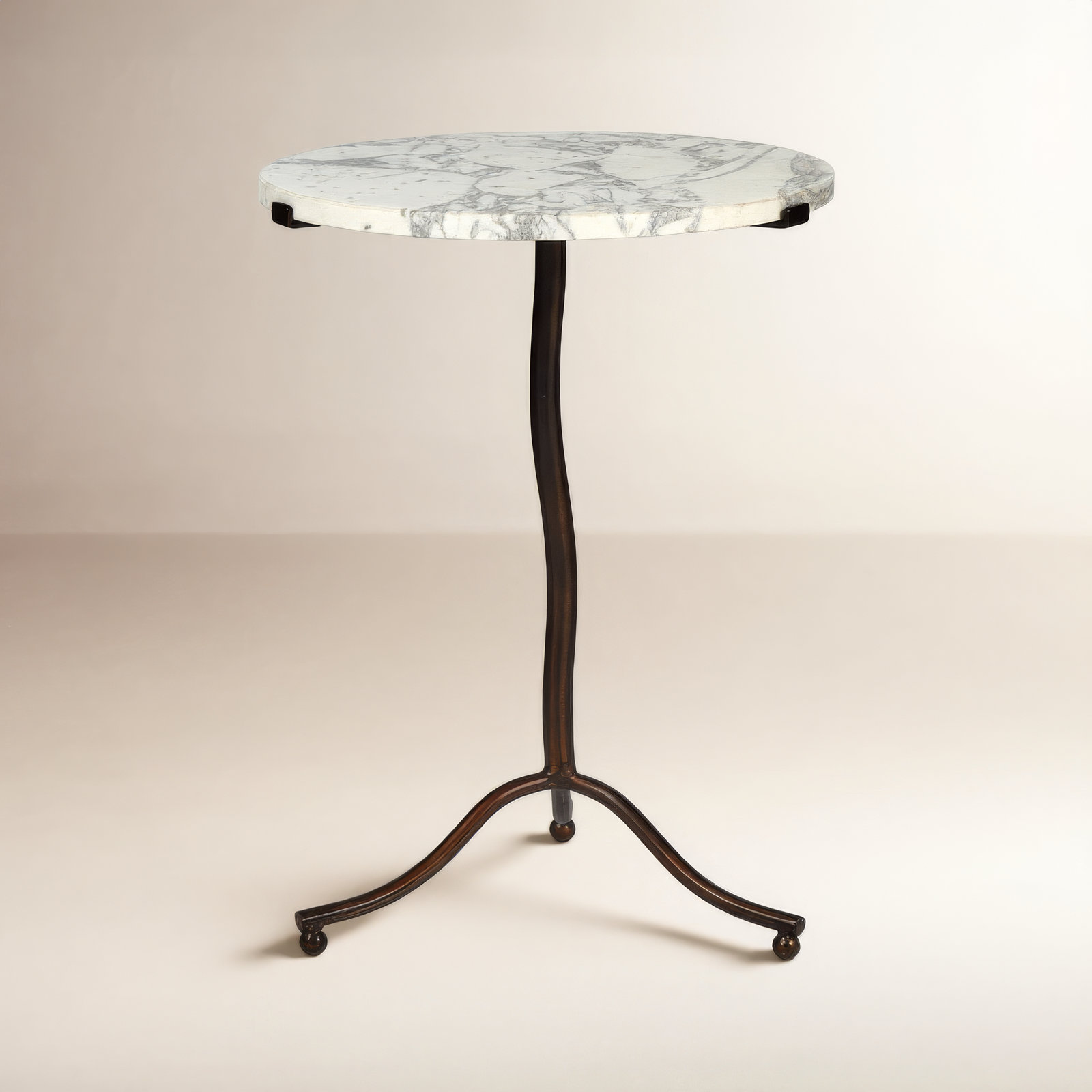 18" Genuine Marble End Table, Veined White Top/Antique Rust Base