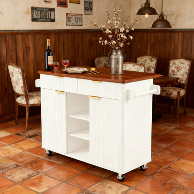 52" Fluted Kitchen Island with Drop Leaf, Power Outlet, Kitchen Storage Cart with Adjustable Shelves, 2 Doors and 2 Drawers