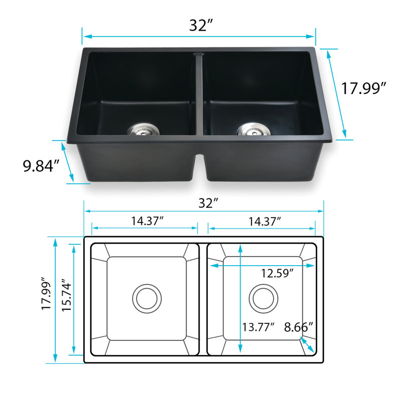 Évier de cuisine encastré à double cuve 32 po x 18 po - Quartz noir, filtre à chaleur antirouille et antirouille pour un drainage sans soudure L x l Quartz résistant à la chaleur, efficace et dégagé