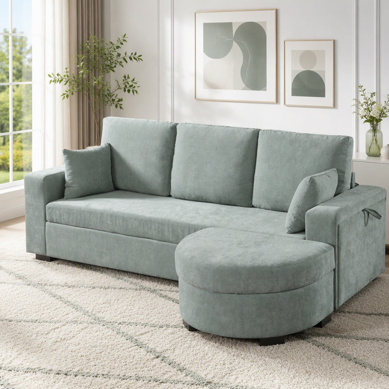 Canapé d'angle en chenille avec pouf de rangement, ports de chargement USB et porte-gobelets, Chenille bleu-vert