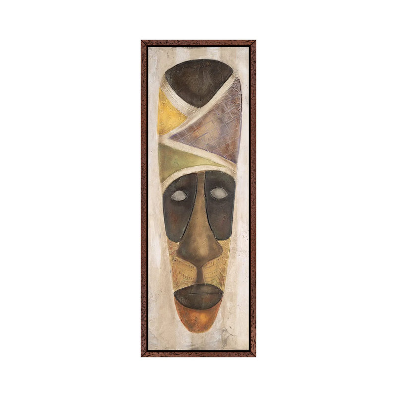 Tikar Mask by Carol Robinson - Panoramic Print on Canvas, 30.48 cm H x 91.44 cm W, Classic Brown Wood Framed