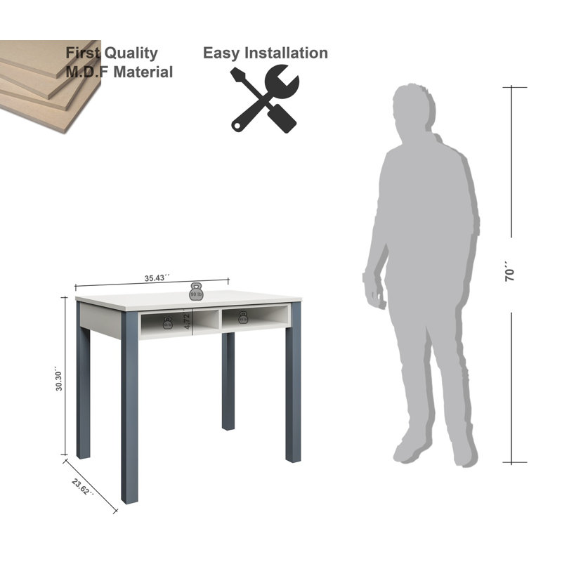 Bureau d'écriture avec tiroirs - Petit bureau - 35 po de long avec 2 tiroirs - Bureau gris - Facile à assembler - Petit bureau d'ordinateur pour petits espaces - Parfait pour écrire ou comme meuble-lavabo blanc