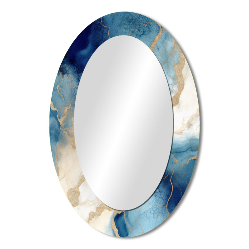 Miroir décoratif ovale abstrait en métal bleu et doré sur métal, 36 po x 24 po