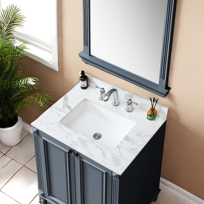 Comptoir de meuble-lavabo en pierre frittée 31 po. X 22 po. Lavabo encastré en céramique blanc facile d'entretien, 31"