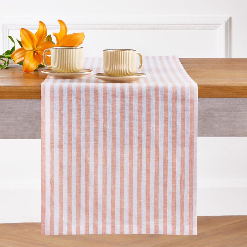 Amalfi Stripe - 100% Pure Linen Table Runner, 90" x 14", Coral/White