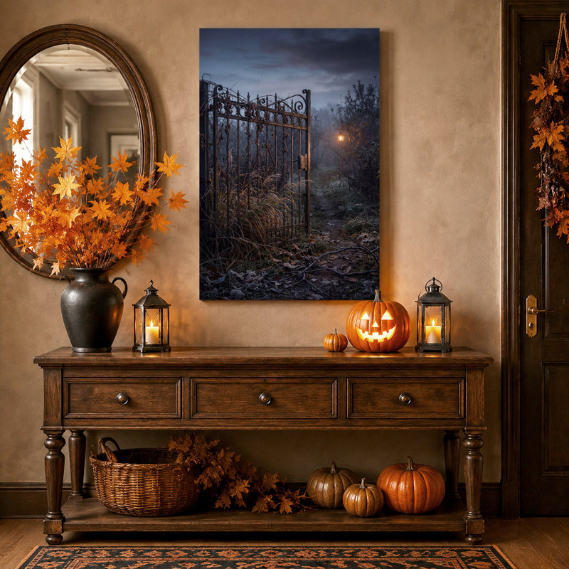 Art mural sur toile Misty Iron Gate and Lantern On Woodland Path, H 40 po x l 28 po