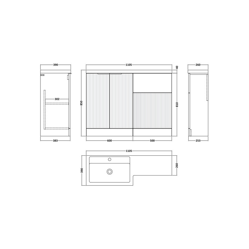 Hudson Reed Fluted Satin Grey 1100mm x 390mm Left Hand Combination Unit With Polymarble Basin, Satin Grey