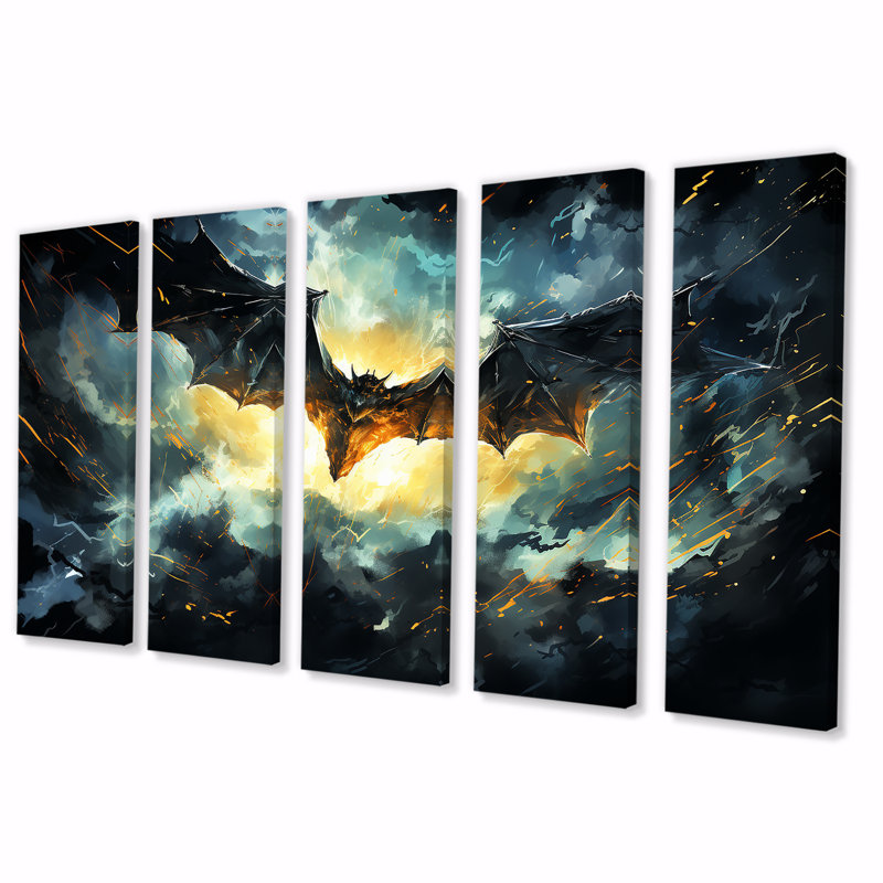 «Blue Watercolor Night Bat Charm I, 5 pièces» - 5 pièces, H 28 po x l 60 po