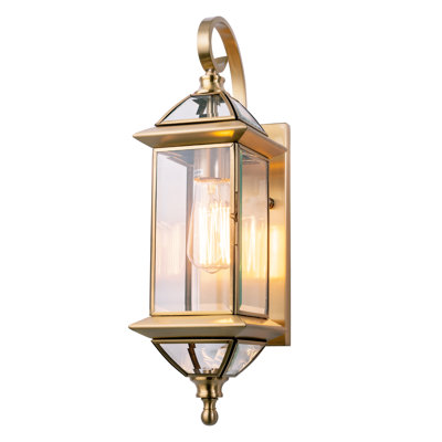 Applique murale d'extérieur en cuivre avec verre biseauté en laiton satiné transparent H 18,5 po