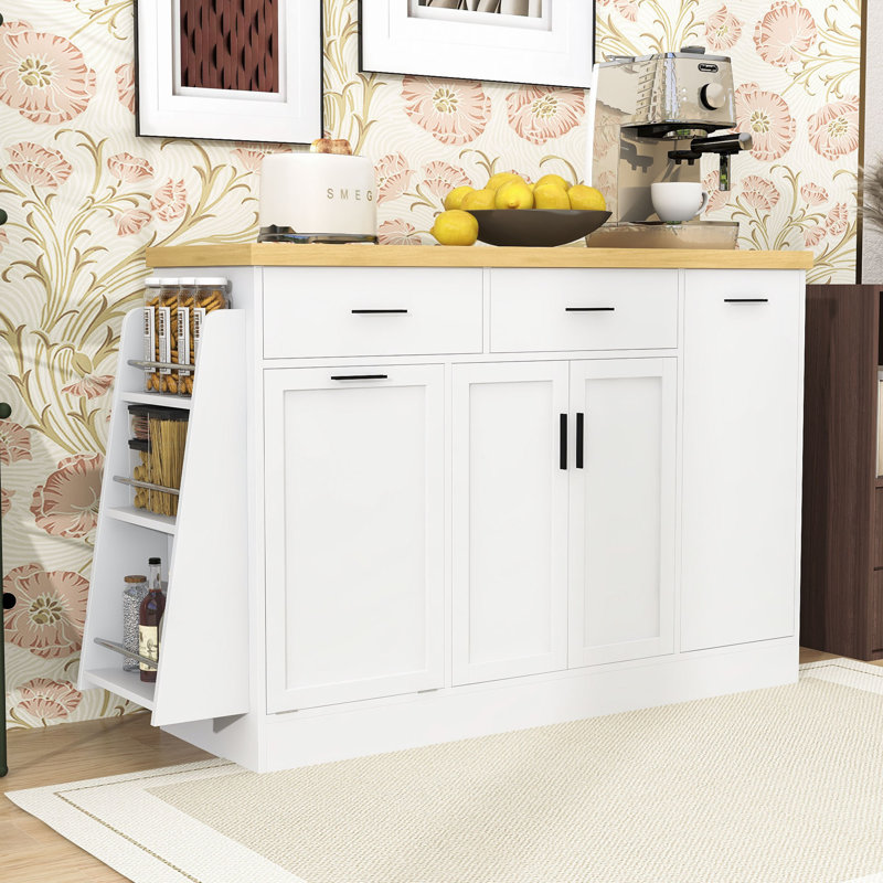 Modern Kitchen Island with Trash Bin Compartment, Sliding Doors, 3-Tier Spice Rack and Adjustable Storage, White