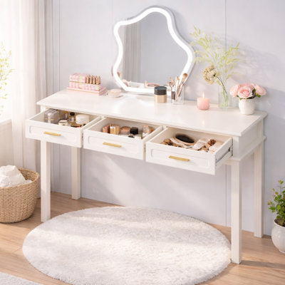 Bureau de coiffeuse blanc crème avec 3 tiroirs, table de maquillage moderne ou bureau d'écriture, coiffeuse polyvalente pour la chambre à coucher - aucun miroir inclus