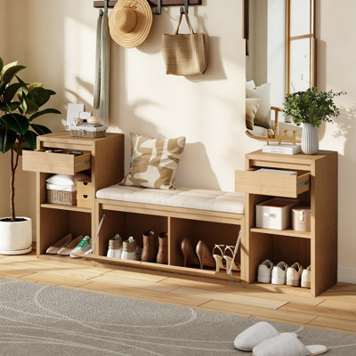 Banc de rangement tout-en-un avec tiroirs à compartiments coussinés et tablettes ouvertes pour les couloirs