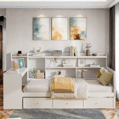 Wooden Daybed With 3 Drawers, Usb Ports And Desk