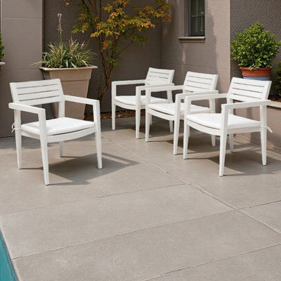 Chaises de salle à manger d'extérieur modernes en aluminium 4 pièces avec coussins en tissu Sunbrella d'extérieur, pieds fuselés, entièrement assemblés et empilables, sans rouille