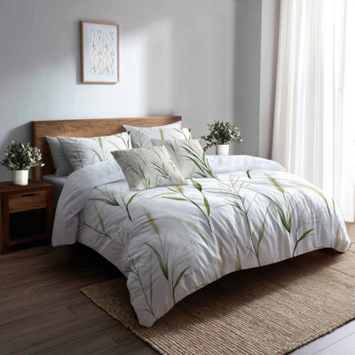 Coastal Bedding Set Of 5 Pcs - Green Farmhouse Reed Meadow Duvet Cover And Throw Pillow Set